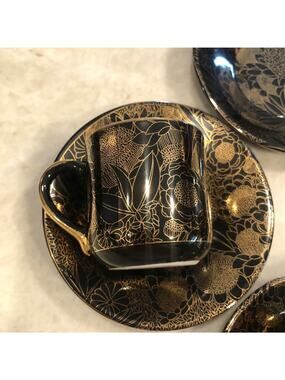 Yamasen 24kt gold on black demitasse set espresso 3 cups 4 saucers